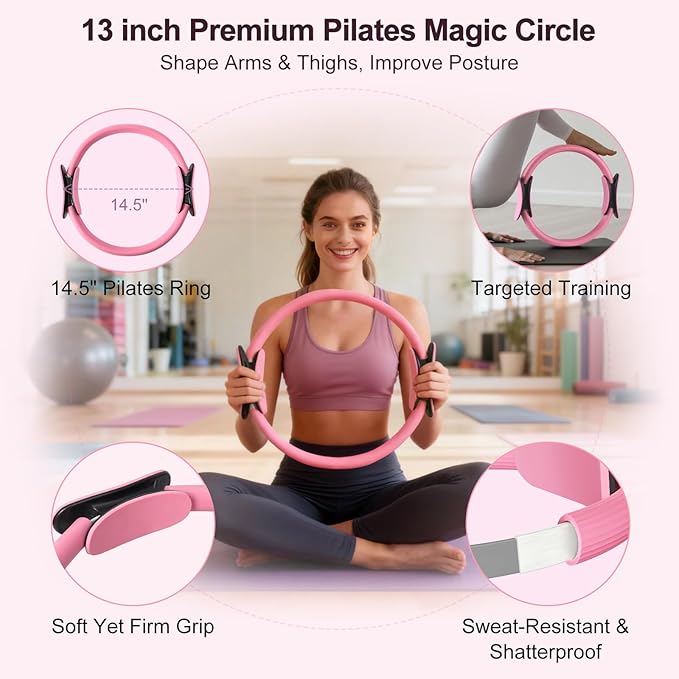 Pilates Kit, Home Pilates Workout Kit for Women, Pilates Equipment with Pilates Ring and Ball, Yoga Block & 5 Resistance Bands, Ankle Weights, Sliders & Grip Socks, Workout Guide Included
