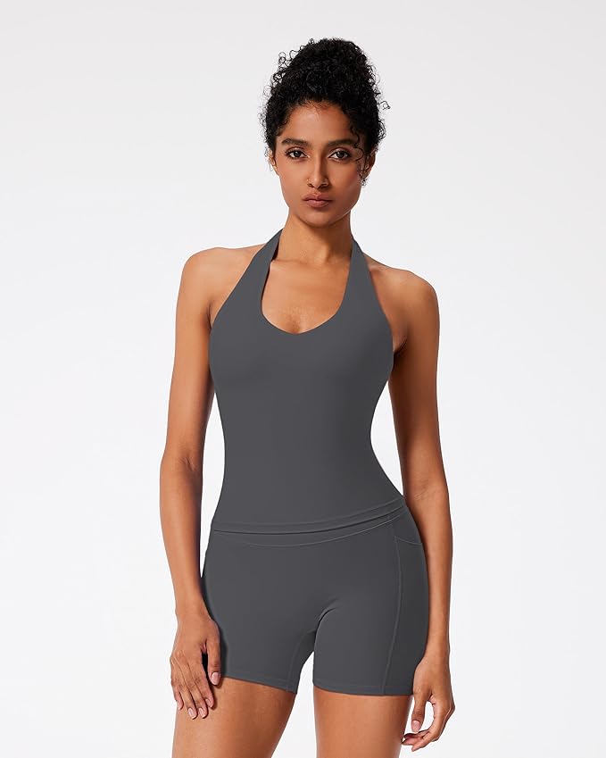 RXRXCOCO Halter Workout Sets for Women 2 Piece V Neck Tank Tops Hidden Scrunch Booty Shorts Gym Outfits with Pockets