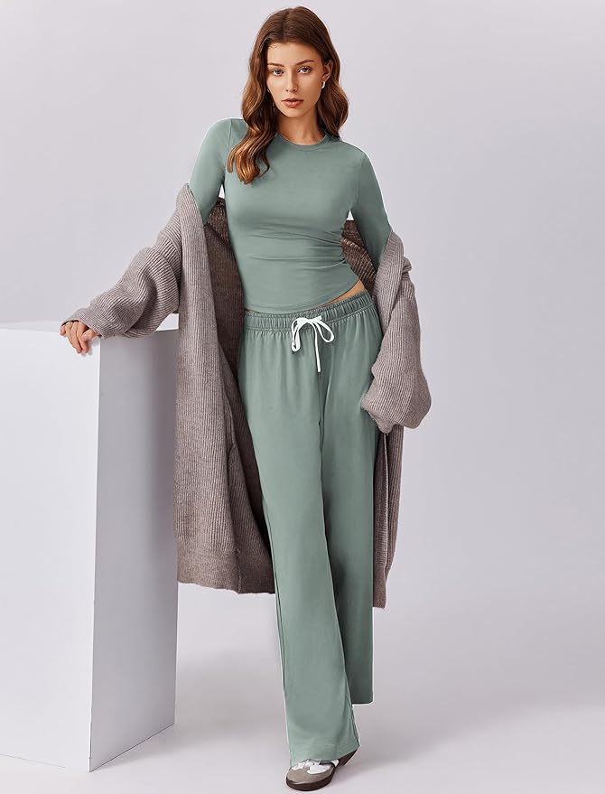 PINSPARK Women 2 Piece Lounge Set Long Sleeve Cropped Top Wide Leg Pants with Pockets 2024 Fall Outfits Matching Tracksuit