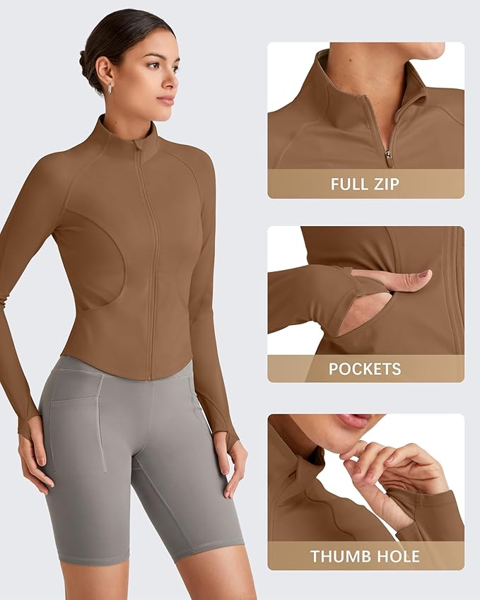 G4Free Workout Jackets for Woman BareFeel Cropped Zip Up Athletic Running Jacket Slim Fit Yoga Tops with Thumb Holes