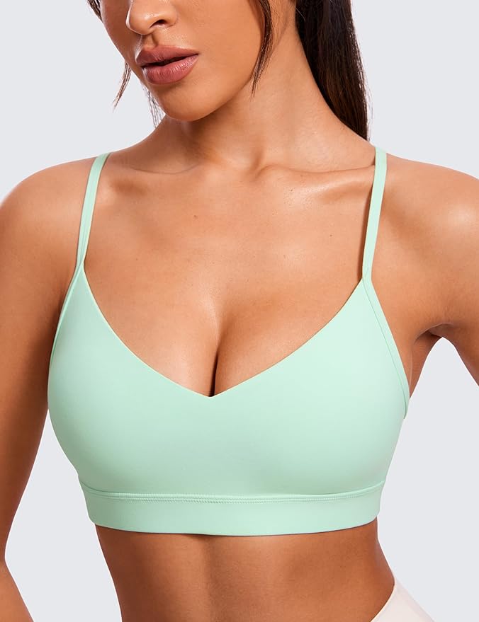 CRZ YOGA Butterluxe V-Neck Sports Bras for Women - Adjustable Thin Straps Padded Yoga Top Basic Wireless Camisole