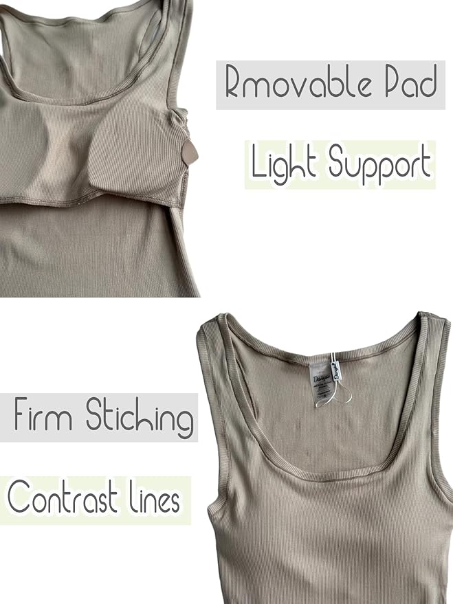 Danysu Women Rib Tank Top Padded Workout Top Square Neck Crop Tank Fitted Basic Cami Tops