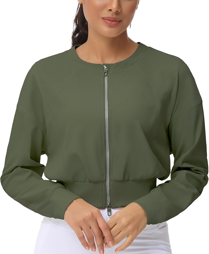 THE GYM PEOPLE Women's Cropped Jackets Full Zip Long Sleeve Ribbed Workout Sweatshirts Lightweight Casual Tops