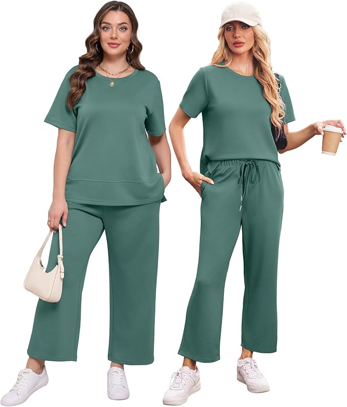 XIEERDUO Women's Side Slit Lounge Sets 2026 Fashion 2 Piece Travel Outfits Cozy Loungewear Wide Leg Tracksuits S-3XL