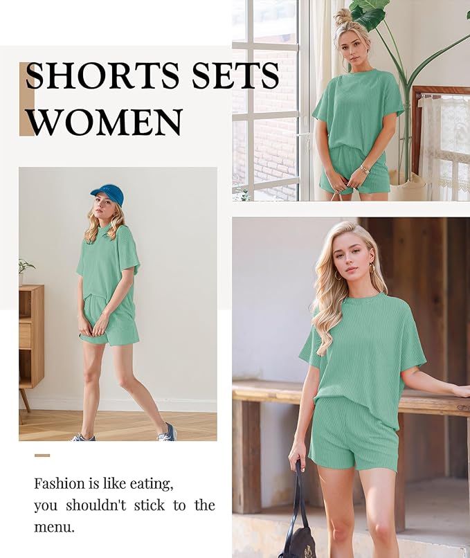MARZXIN Women 2 Piece Shorts Set 2026 Casual Summer Cruise Outfits Ribbed Loose Short Sleeve Pocket Matching Lounge Sets