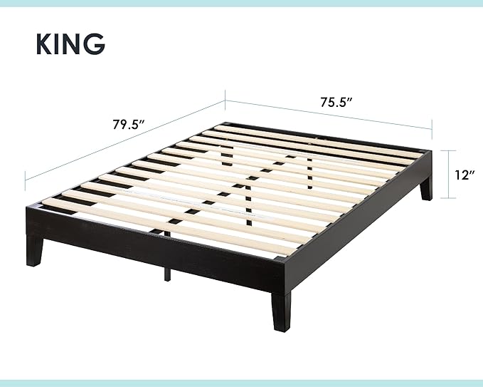 Mellow Naturalista Grand 12 Inch Solid Wood Platform Bed with Wooden Slats, Easy Assembly, King, Black
