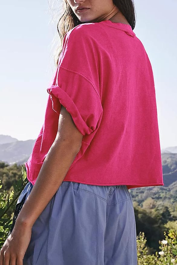 Women's Oversize Workout Crop Tops Casual Short Sleeve Drop Shoulder Boxy T-Shirts Roll Hem Basic Loose Yoga Running Tees