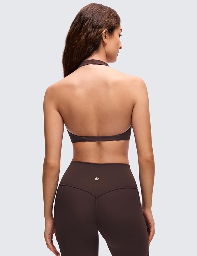 CRZ YOGA Butterluxe Double Lined Twist Halter Sports Bras for Women - Deep V Neck Crop Top Casual Open Back Non Padded
