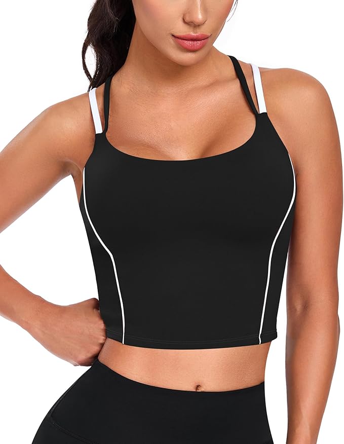 QUOJIZY Longline Sports Bras for Women Spaghetti Straps Tank Top with Built-in Bra Strappy Sports Bra for Yoga