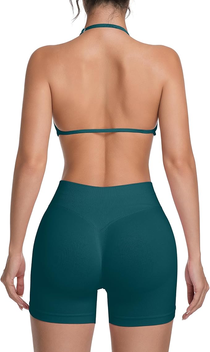 Comper 2 Piece Workout Sets for Women Halter Strappy Sports Bra with Seamless Ribbed Gym Yoga shorts Outfits