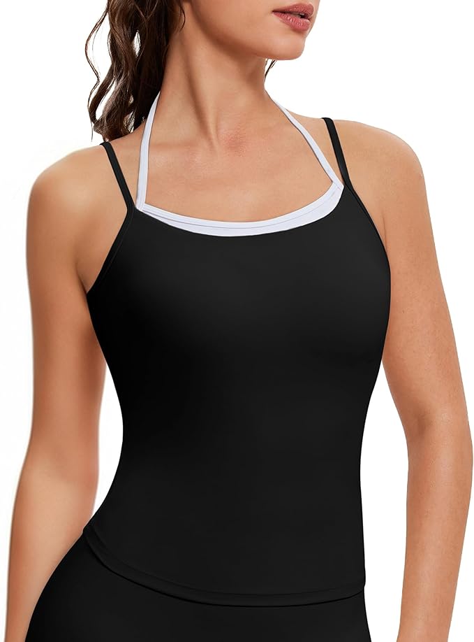 OMKAGI Halter Workout Tank Tops for Women Built in Bra Cute Layer Longline Sports Bras