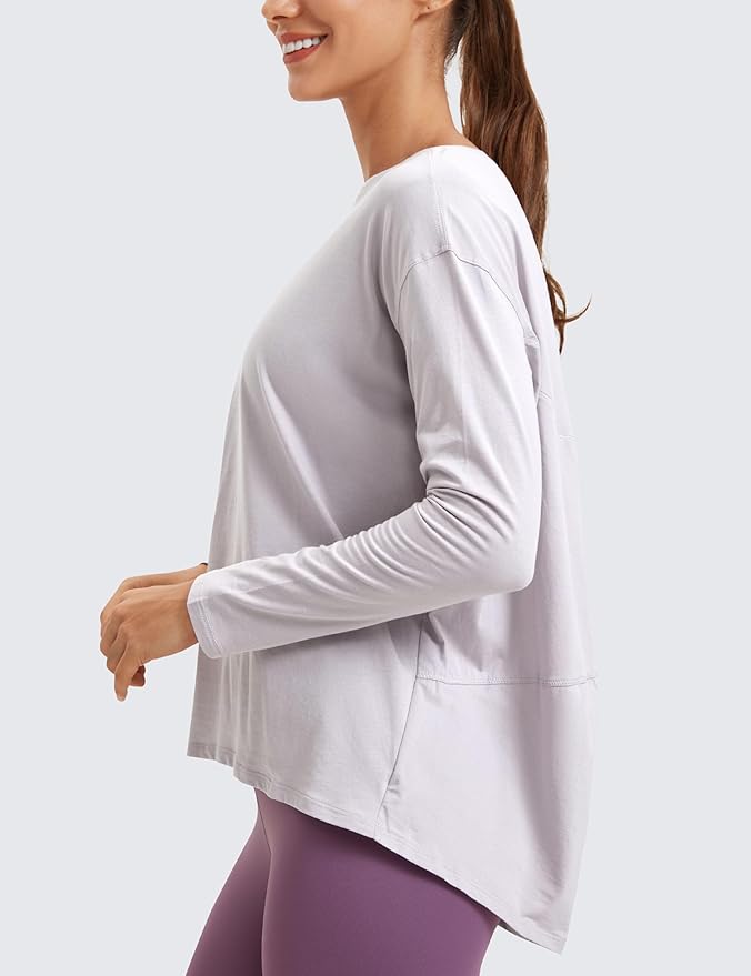 CRZ YOGA Pima Cotton Boat Neck Long Sleeve Shirts for Women - Workout Athletic Yoga Casual Tops Loose Fit Fall T-Shirts