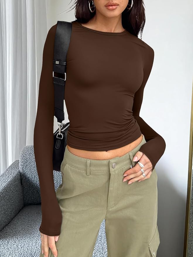 Trendy Queen Womens Long Sleeve T Shirts Fall Fashion 2026 Basic Crop Tops Going Out Outfits Y2k Clothes