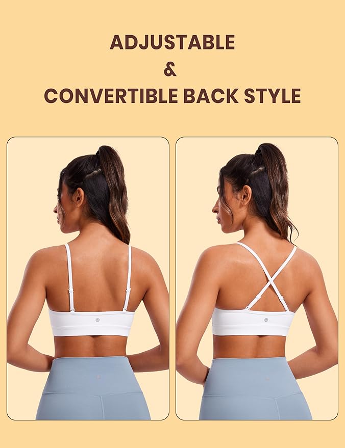 CRZ YOGA Butterluxe V-Neck Sports Bras for Women - Adjustable Thin Straps Padded Yoga Top Basic Wireless Camisole