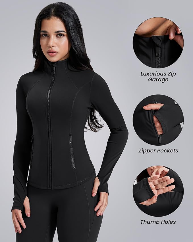 AVGO Womens Workout Jackets Lightweight Athletic Zip Up Jacket Slim Fit Running Gym Top with Pockets & Thumb Holes