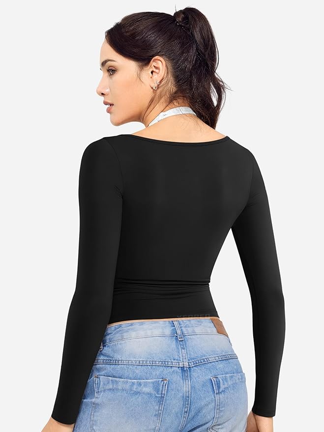 YEOREO Long Sleeve Workout Tops for Women Square Neck Slim Fitted Double Lined Compression Shirt Basic Casual Gym Yoga Tops