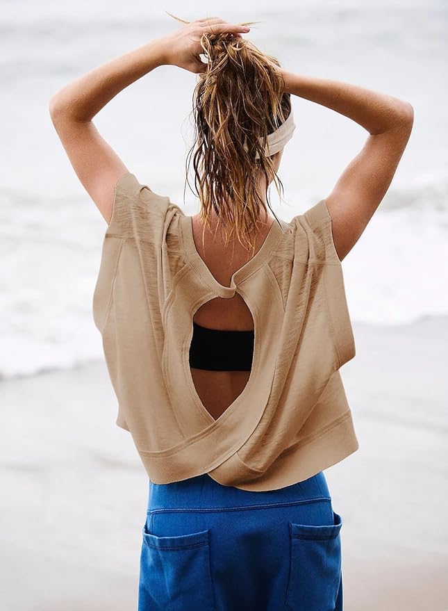Kumufenc Women Short Sleeve Workout Shirts Open Back Tops Casual Yoga Y2k Athletic Gym Slouchy Crop Running Tees