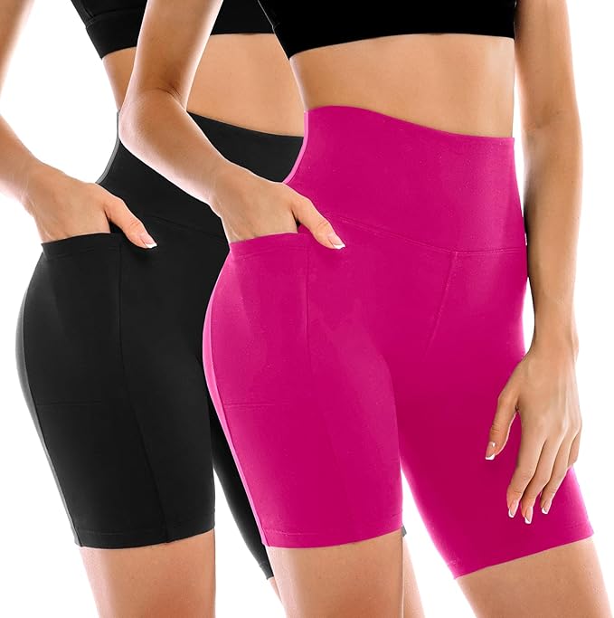 Leafigure 2 Pack Womens Biker Shorts with Pockets, High Waisted Yoga Shorts for Women Running Gym and Workout