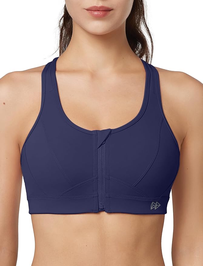 Yvette Zip Front Sports Bra - High Impact Sports Bras for Women Plus Size Workout Fitness Running