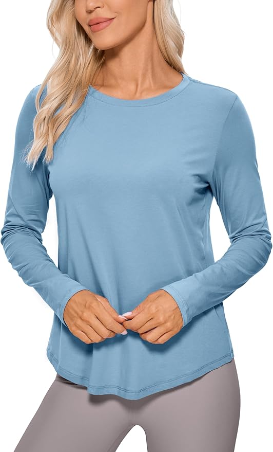 CRZ YOGA Pima Cotton Crewneck Long Sleeve Shirts for Women - Workout Athletic Yoga Casual Tops Soft Plain T-Shirt