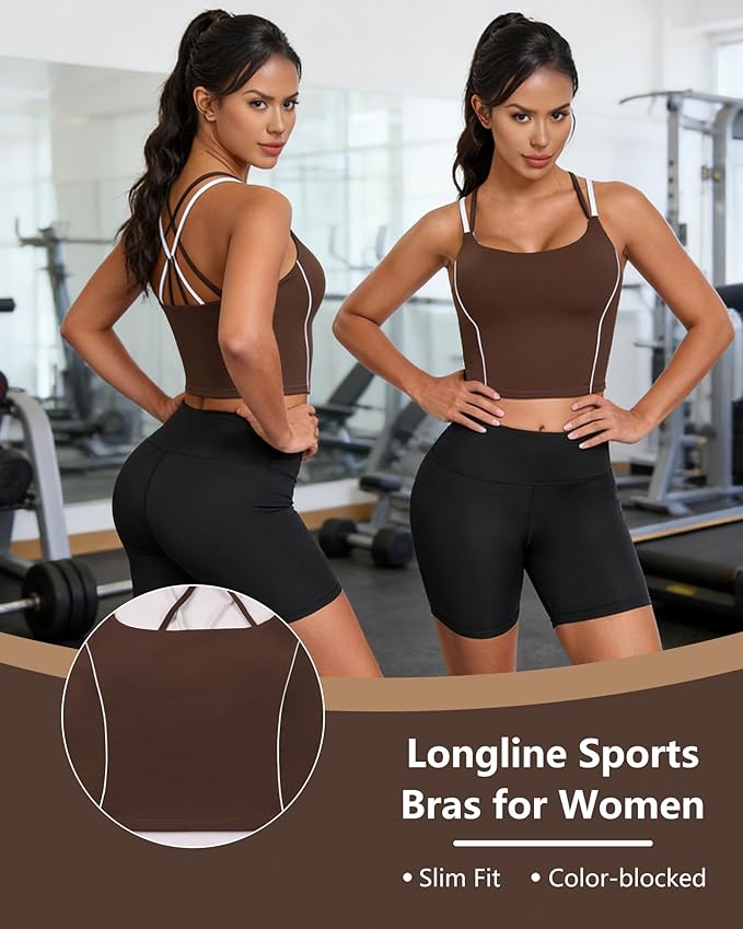 QUOJIZY Longline Sports Bras for Women Spaghetti Straps Tank Top with Built-in Bra Strappy Sports Bra for Yoga