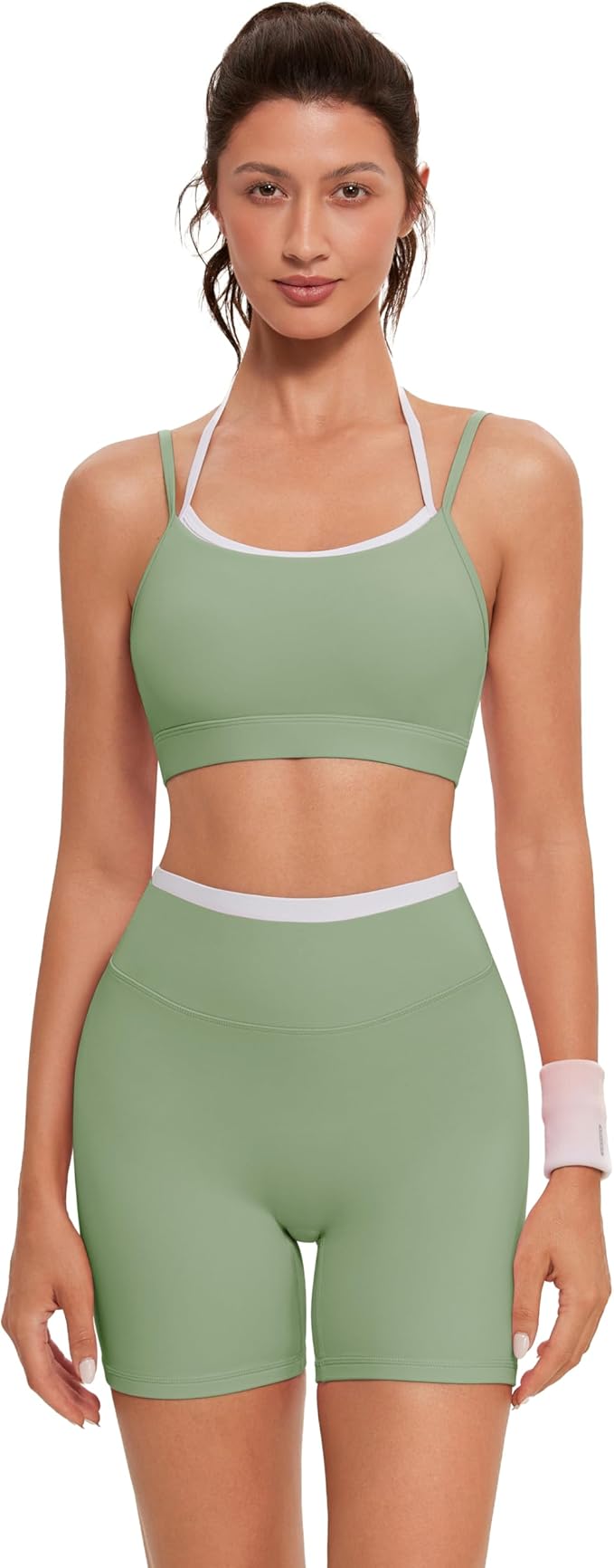 OMKAGI Workout Sets for Women Cute Doubel Layer Open Back Sports Bras Gym Shorts Outfits