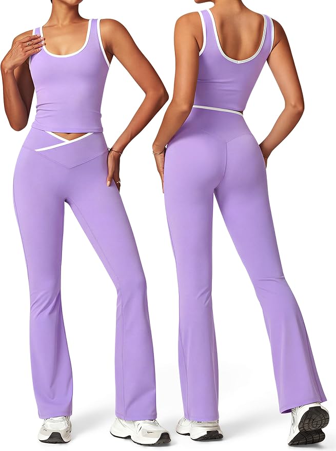 OLCHEE Womens Workout Sets 2 Piece Gym Yoga Outfits Crossover Flare Leggings Crop Tank Top with Contrast Trim