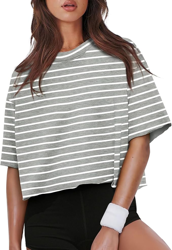 XIEERDUO Cotton Tshirts for Women Drop Shoulder Round Neck Oversized Crop Tops Workout Tops Tees