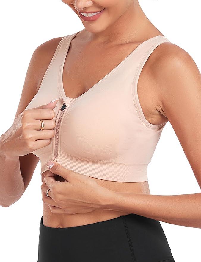 Women's Zip Front Sports Bra Wireless Post-Surgery Bra Active Yoga Sports Bras