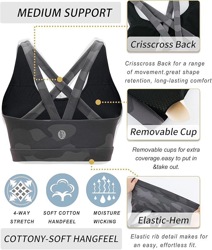 RUNNING GIRL Sports Bras for Women,Padded Strappy Sports Bras Criss-Cross Back Medium Support Sports Bras with Removable Cups