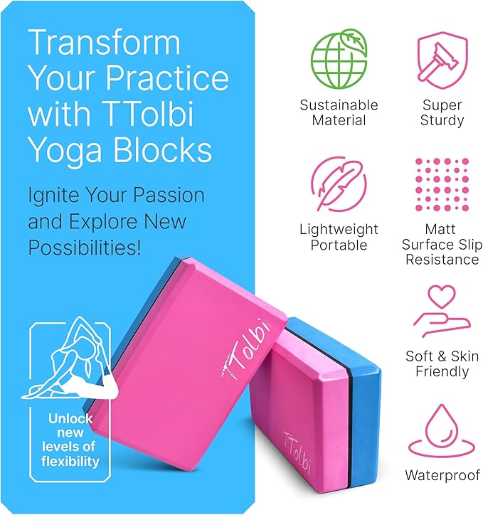 Yoga Blocks 2 Pack with Strap & Guide – Non-Slip EVA Foam Pilates Blocks for Home Workouts, Dance, Ballet, Gymnastics & Stretching Exercise | Ideal Dancer Gifts