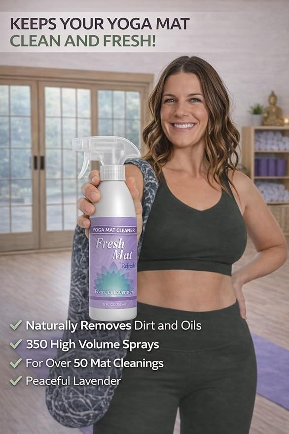 Fresh Mat Yoga Mat Cleaner Spray - Natural Deodorizing Cleaner for Yoga Mats & Fitness Equipment - No-Rinse, Residue-Free Formula with Witch Hazel & Essential Oil, Peaceful Lavender (12 fl oz).