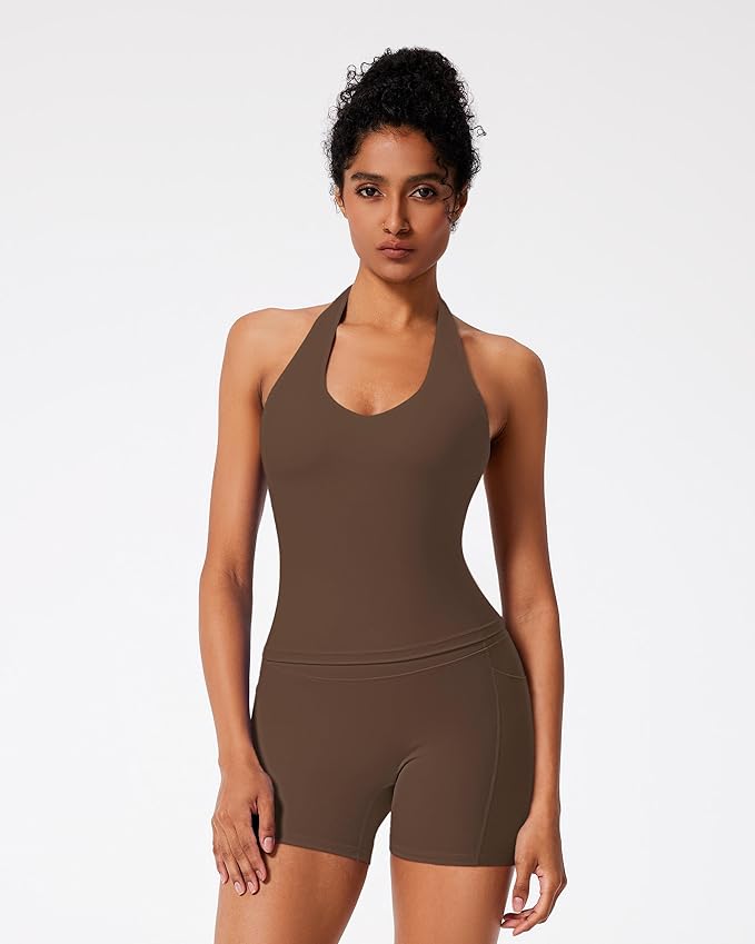 RXRXCOCO Halter Workout Sets for Women 2 Piece V Neck Tank Tops Hidden Scrunch Booty Shorts Gym Outfits with Pockets
