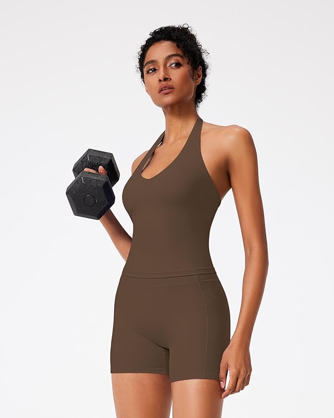 RXRXCOCO Halter Workout Sets for Women 2 Piece V Neck Tank Tops Hidden Scrunch Booty Shorts Gym Outfits with Pockets