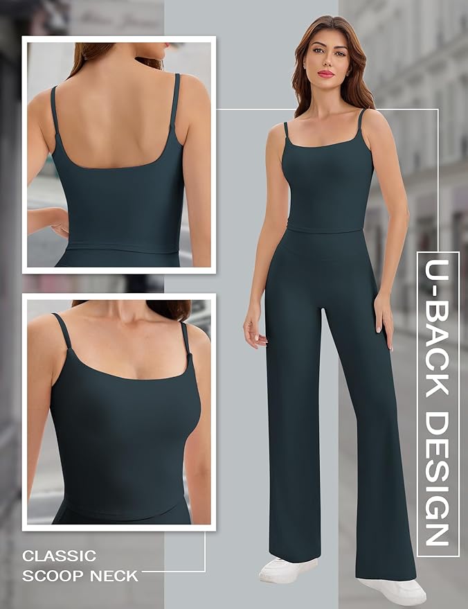 Ieumaz Strappy Crop Top for Women Scoop Neck Longline Gym Workout Sports Bras Built in Removable Pads Yoga Camisole Tank Top
