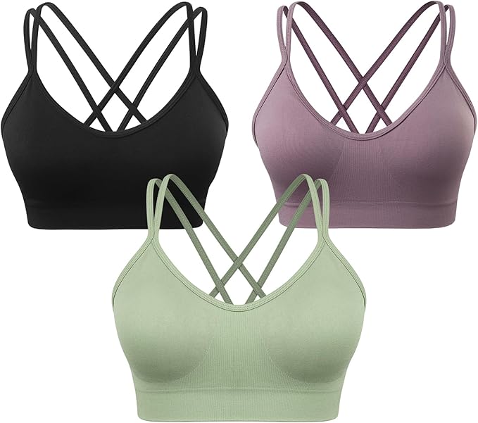 VEQKING Women's Cross Back Sports Bra Padded Strappy Medium Support Yoga Bra for Workout Fitness 3 Pack