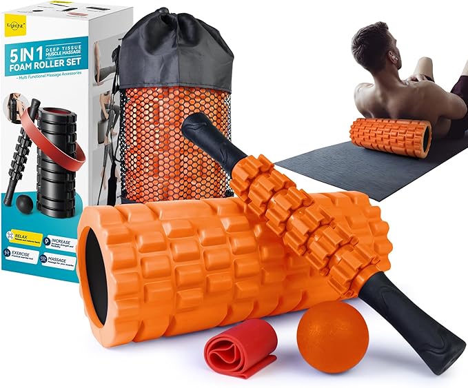 Krightlink 5 in 1 Foam Roller Set for Deep Tissue Muscle Massage, Trigger Point Fitness Exercise Foam Roller, Massage Roller, Massage Ball, Stretching Strap, for Whole Body (Orange Black)
