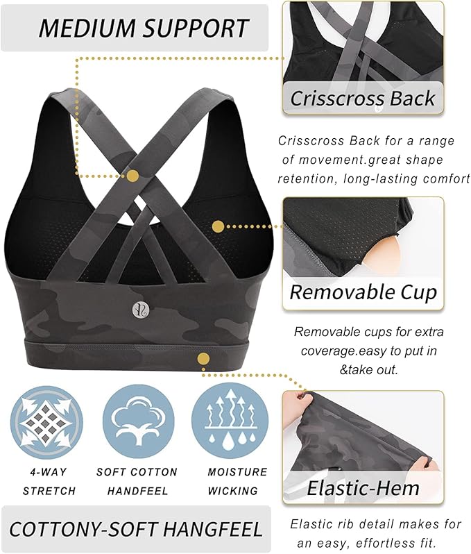 RUNNING GIRL Sports Bras for Women,Padded Strappy Sports Bras Criss-Cross Back Medium Support Sports Bras with Removable Cups