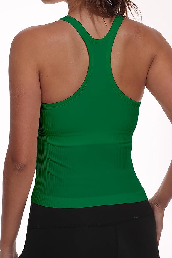 YIOIOIO Women Ribbed Workout Crop Tops with Built in Bra Seamless Yoga Racerback Tank Top Tight Fit