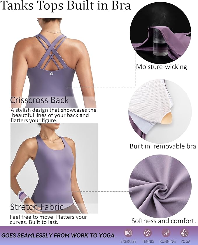 RUNNING GIRL Tank top with Built in Bra for Women,Compression Shirts Crisscross Back Workout Yoga Tops