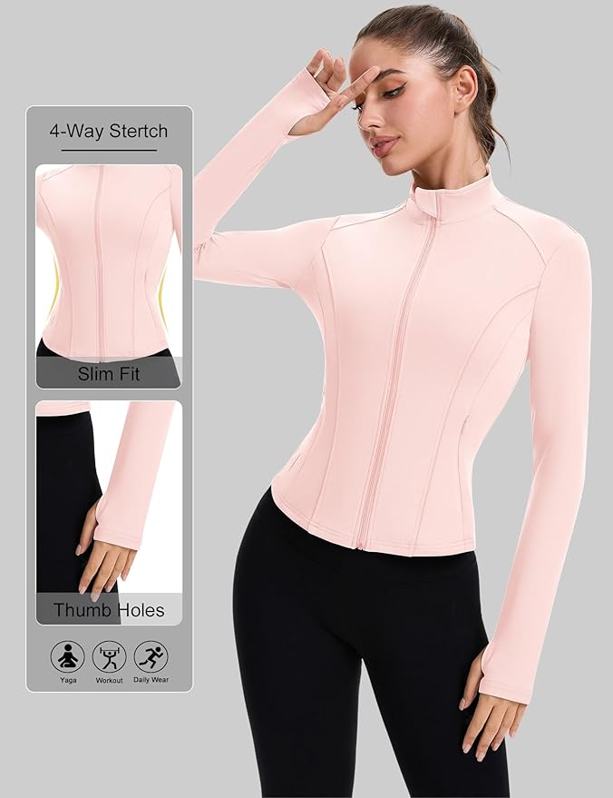 ZHENWEI Workout Jackets for Women Full Zip Up Cropped Athletic Long Sleeve Lightweight Slim Fit Running Tops with Pockets