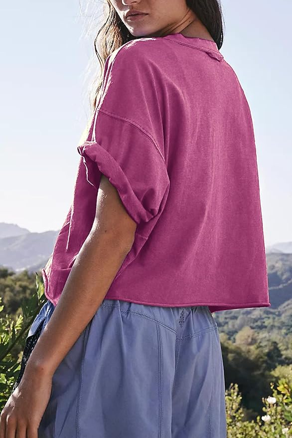 Women's Oversize Workout Crop Tops Casual Short Sleeve Drop Shoulder Boxy T-Shirts Roll Hem Basic Loose Yoga Running Tees