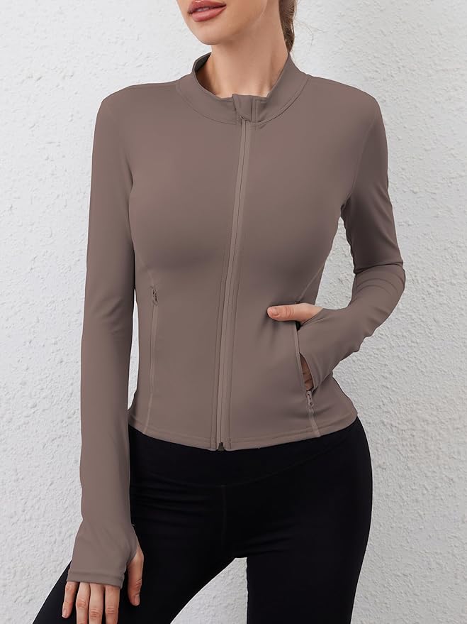 Women Built-In Pockets Athletic Jackets Slim Fit Full Zip up Workout Yoga Gym Jacket with Thumb Holes