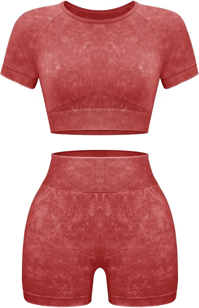 OLCHEE Womens Workout Sets 2 Piece - Seamless Acid Wash Yoga Outfits Shorts and Crop Top Matching Gym Athletic Clothing Set