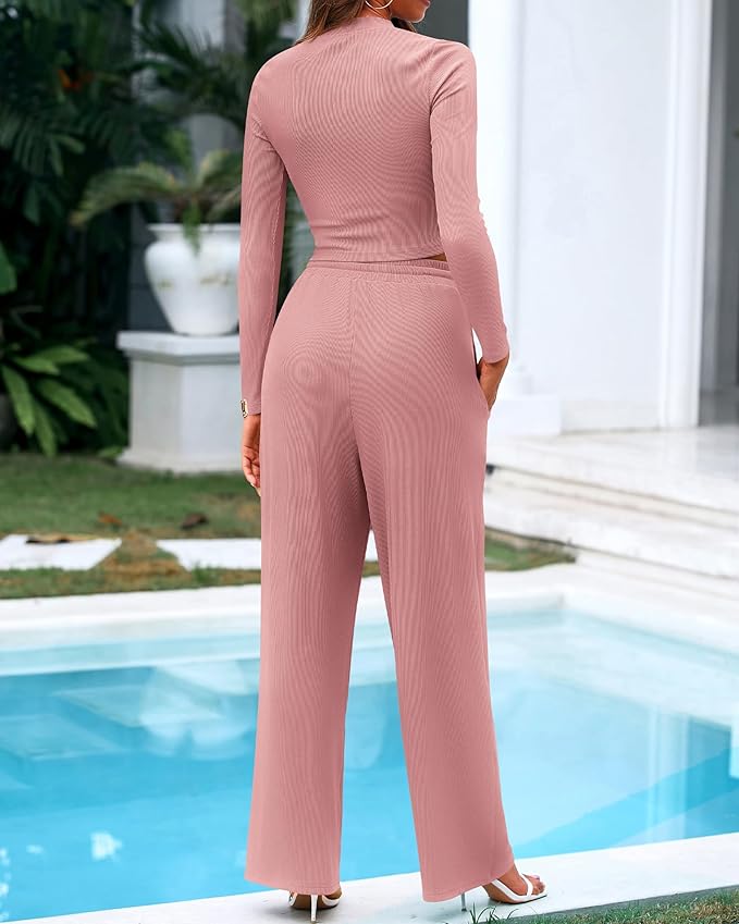 BTFBM Casual 2 Piece Sets For Women Fall Outfits 2026 Ribbed Spring Long Sleeve Crop Top Wide Leg Pants Matching Lounge Set