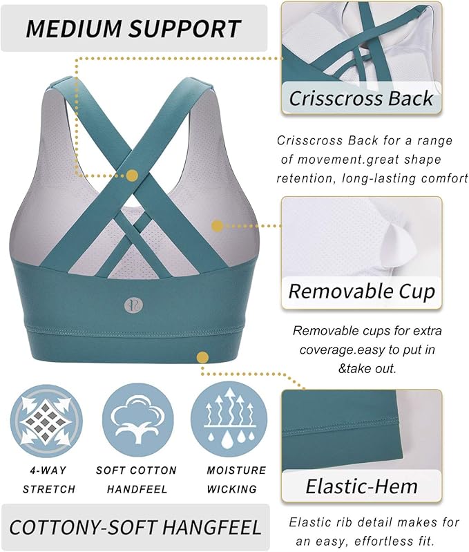 RUNNING GIRL Sports Bras for Women,Padded Strappy Sports Bras Criss-Cross Back Medium Support Sports Bras with Removable Cups