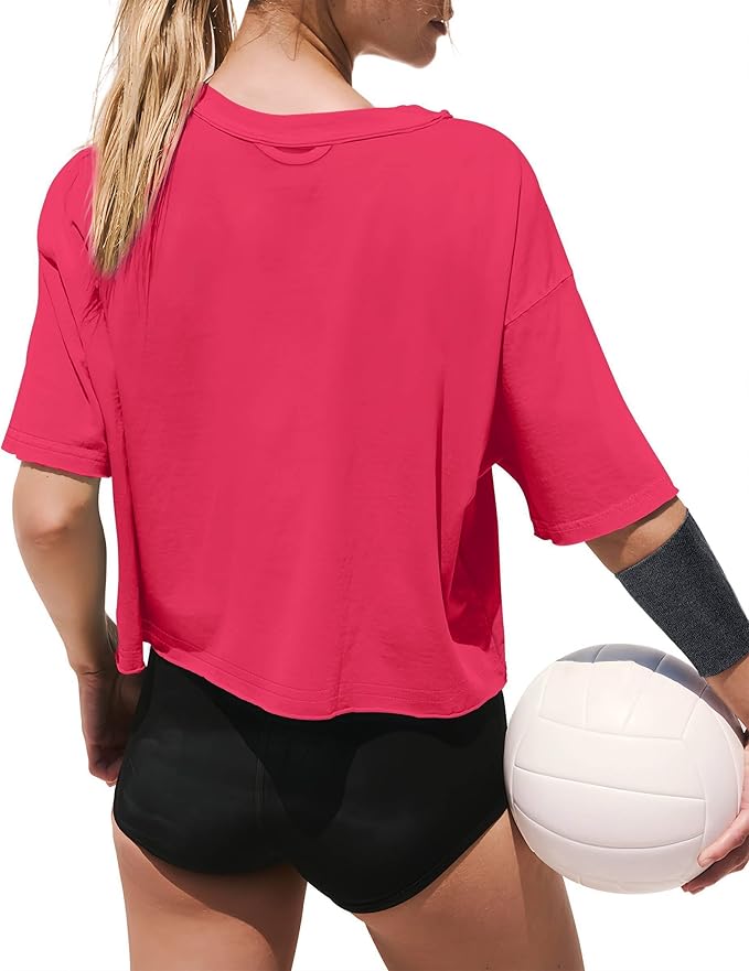 XIEERDUO Cotton Tshirts for Women Drop Shoulder Round Neck Oversized Crop Tops Workout Tops Tees