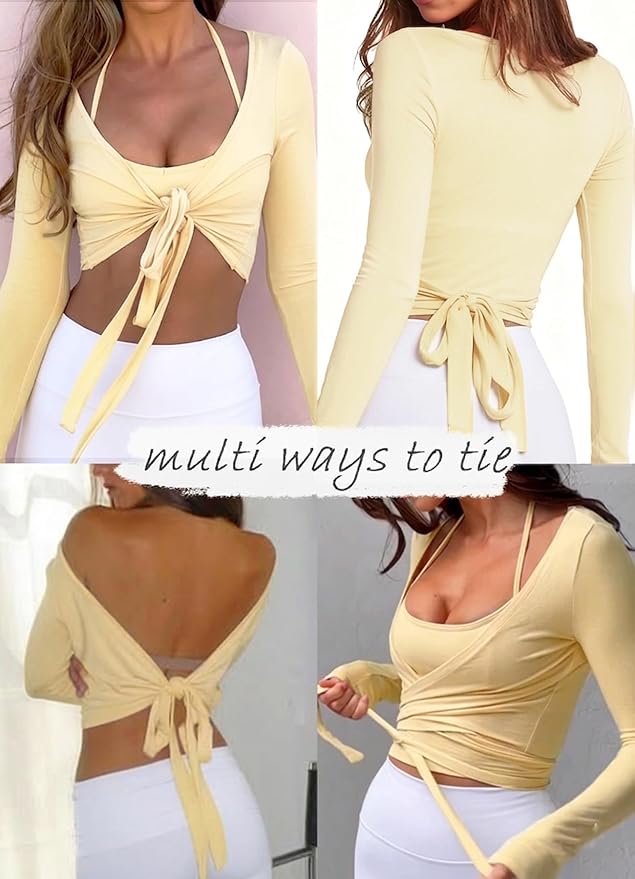 Navneet Women Long Sleeve Ballet Pilates Yoga Wrap Tie Front Tops Workout Gym Shirts Cardigan