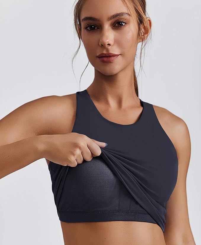 PINSPARK Women Sports Bra High Neck Racerback Workout Crop Tank Top Longline Padded Yoga Tops with Built in Pads