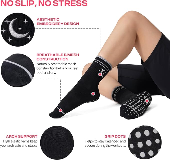 CoolMate Pilates Socks with Grips for Women, Yoga Socks, Crew Non Slip Women for Barre, Pilates Gifts for Women